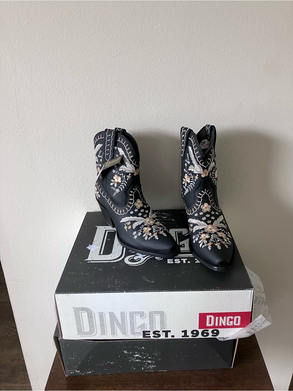 dingo Black Ankle Booties with Cream & Silver Floral Embroidery
